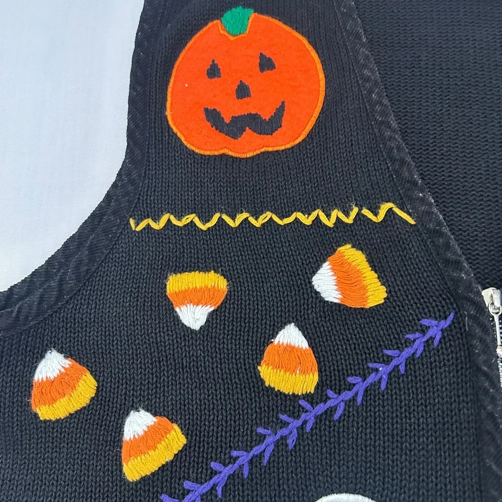 Victoria Jones Halloween Sweater Vest Women L Black Zip Up Ghost Pumpkin Bat VTG